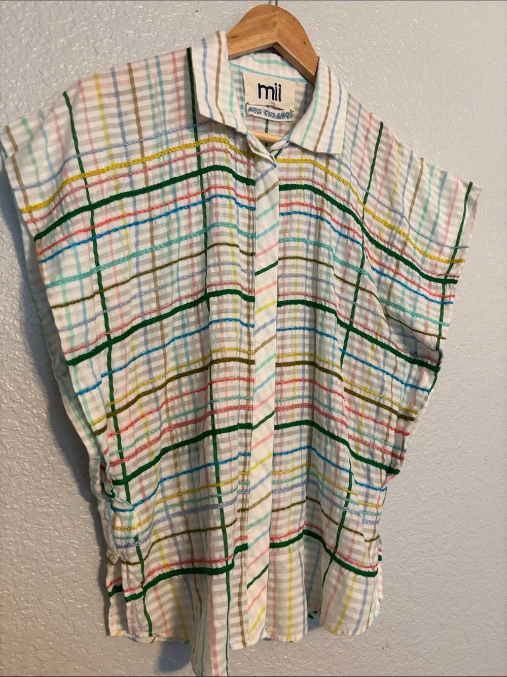 Mii White Multicolor Plaid Short Sleeve Button-Down Top - Picture 3 of 6